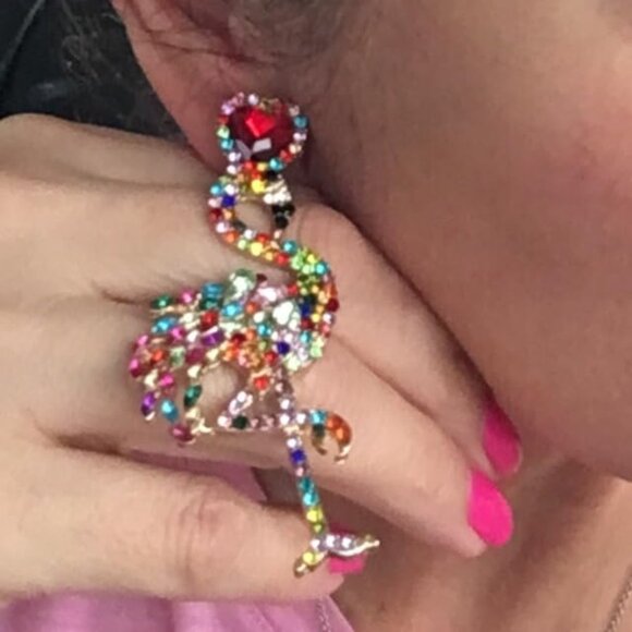 Flamingo rhinestone earrings - Picture 2 of 2